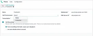 FreeSWITCH VoIP provider settings in Odoo with environment selection and call recording options