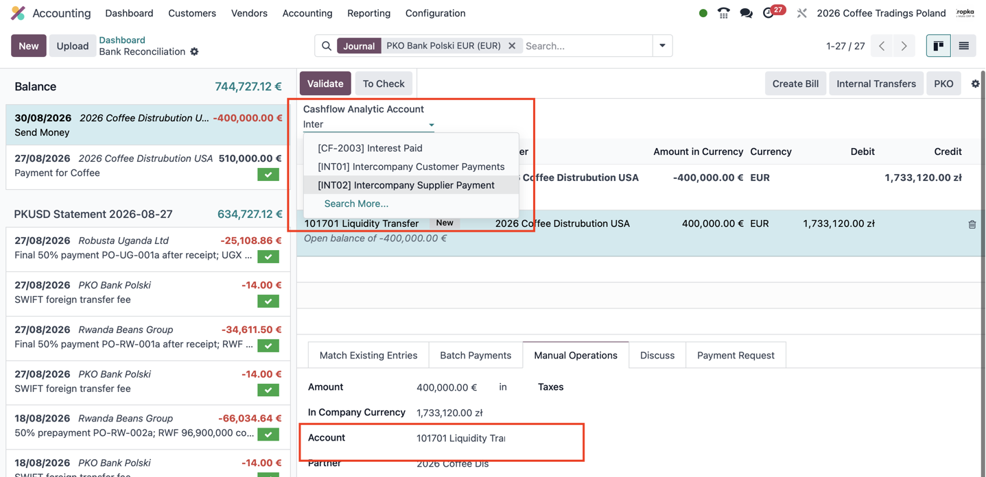 Odoo bank reconciliation showing a Liquidity Transfer counterpart and intercompany cash-flow analytic categories