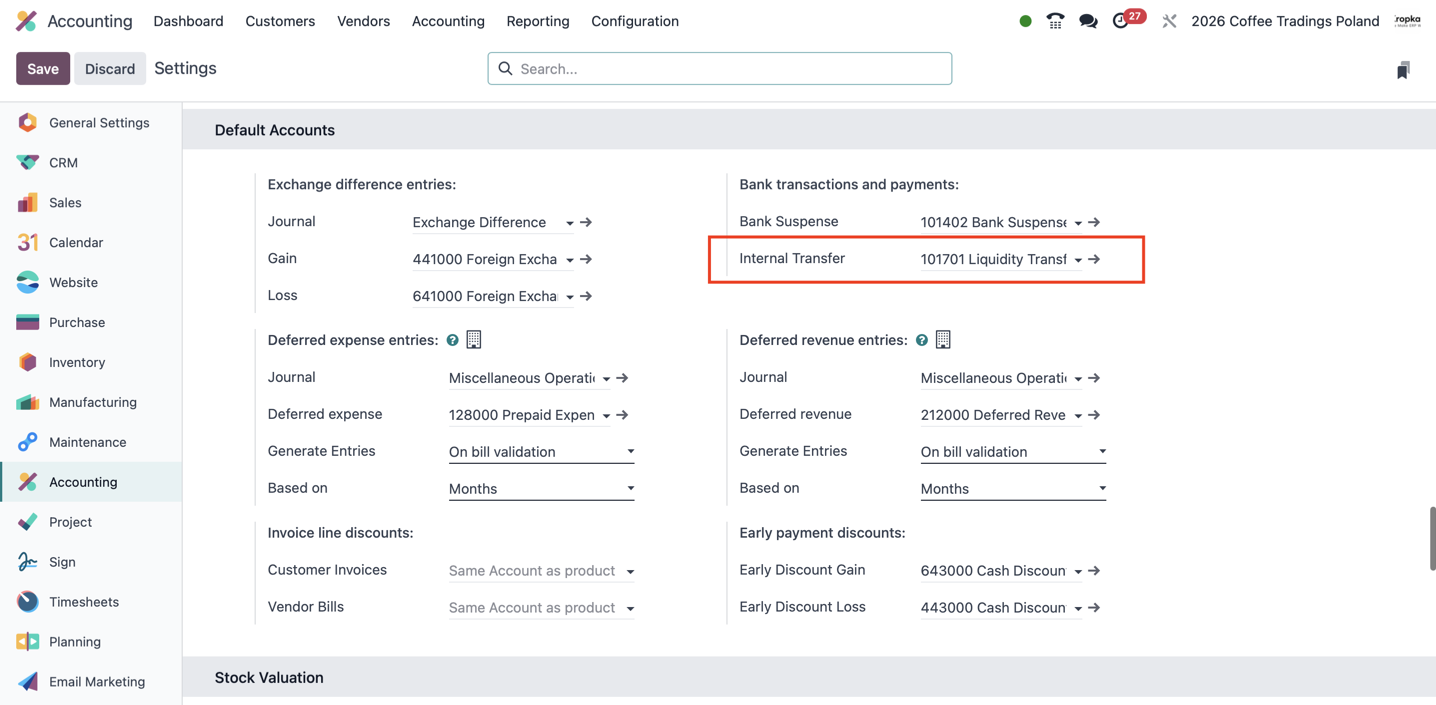 Odoo Accounting settings showing the Internal Transfer account set to Liquidity Transfer
