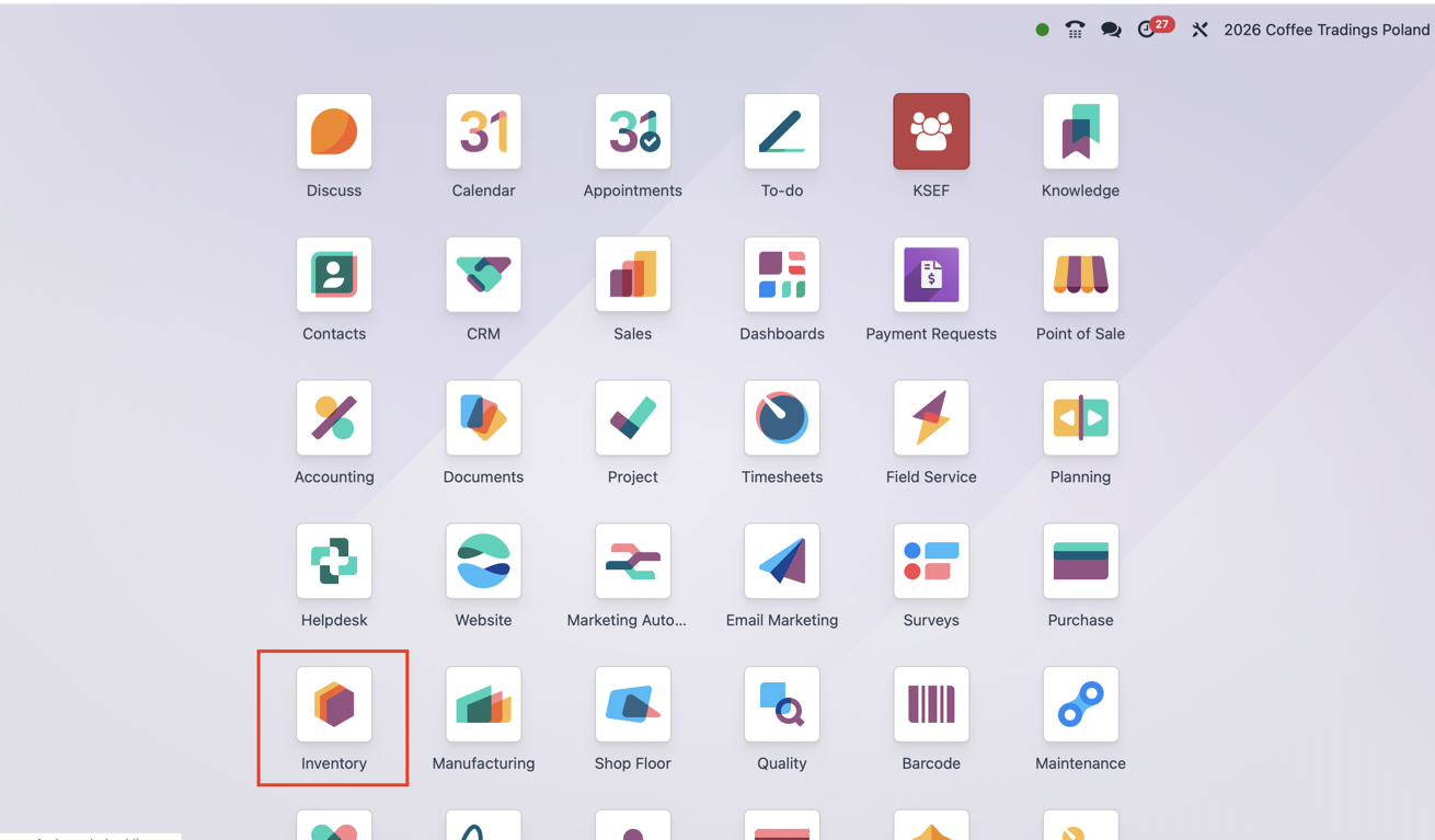 Odoo application dashboard with the Inventory application highlighted