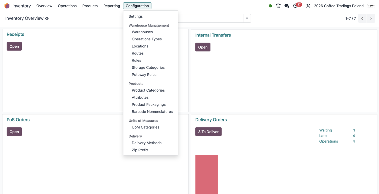 Odoo Inventory Configuration menu showing warehouses, operation types, locations, routes and putaway rules