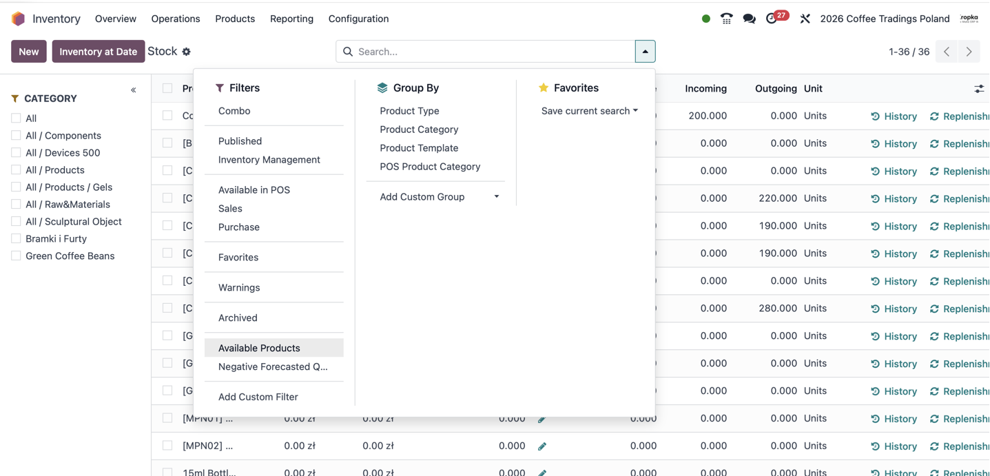 Odoo stock report with filters and grouping options, including Available Products and Product Category