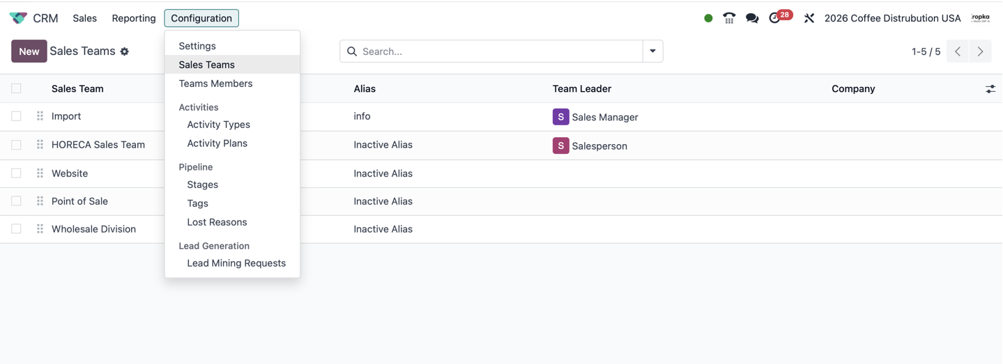 Odoo CRM Configuration menu with Sales Teams, Activity Types, Stages and Lost Reasons
