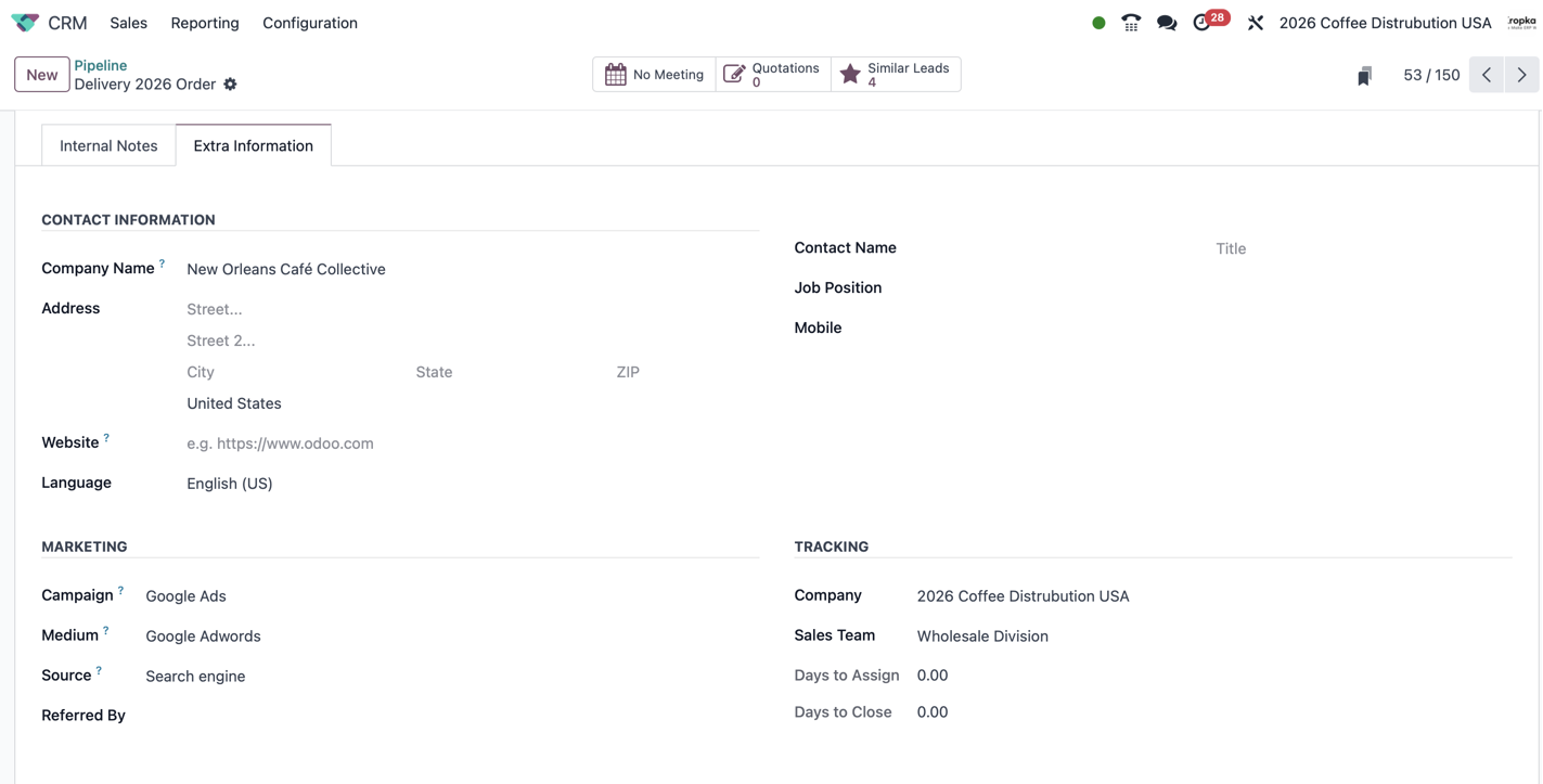 Opportunity Extra Information tab showing company details, campaign, medium, source and sales team