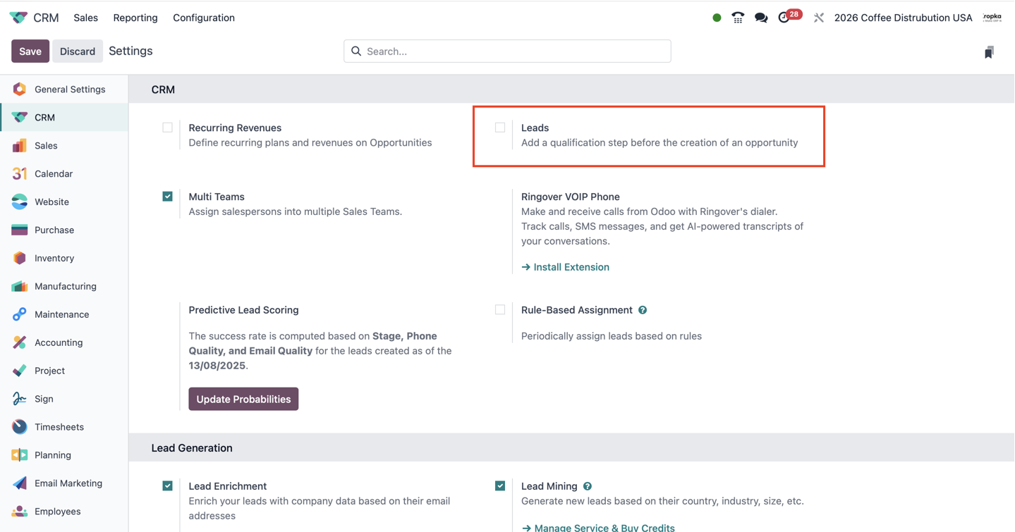 Odoo CRM configuration with the Leads qualification option highlighted