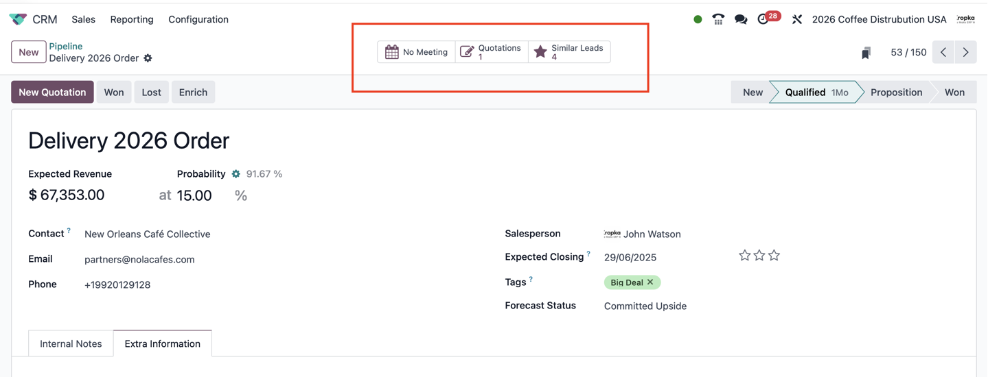 Opportunity form with linked meeting, quotation and similar-lead smart buttons highlighted