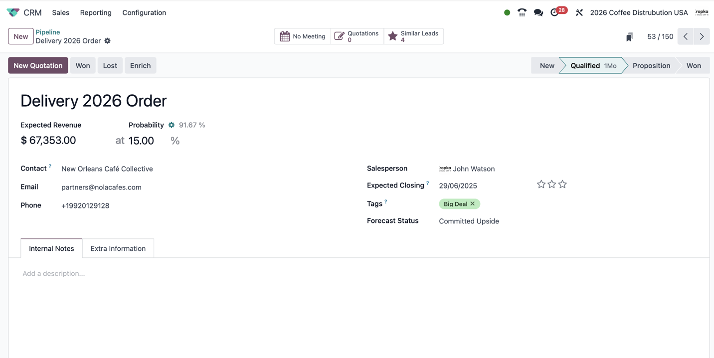 Odoo opportunity form showing expected revenue, probability, salesperson, contact and expected closing date