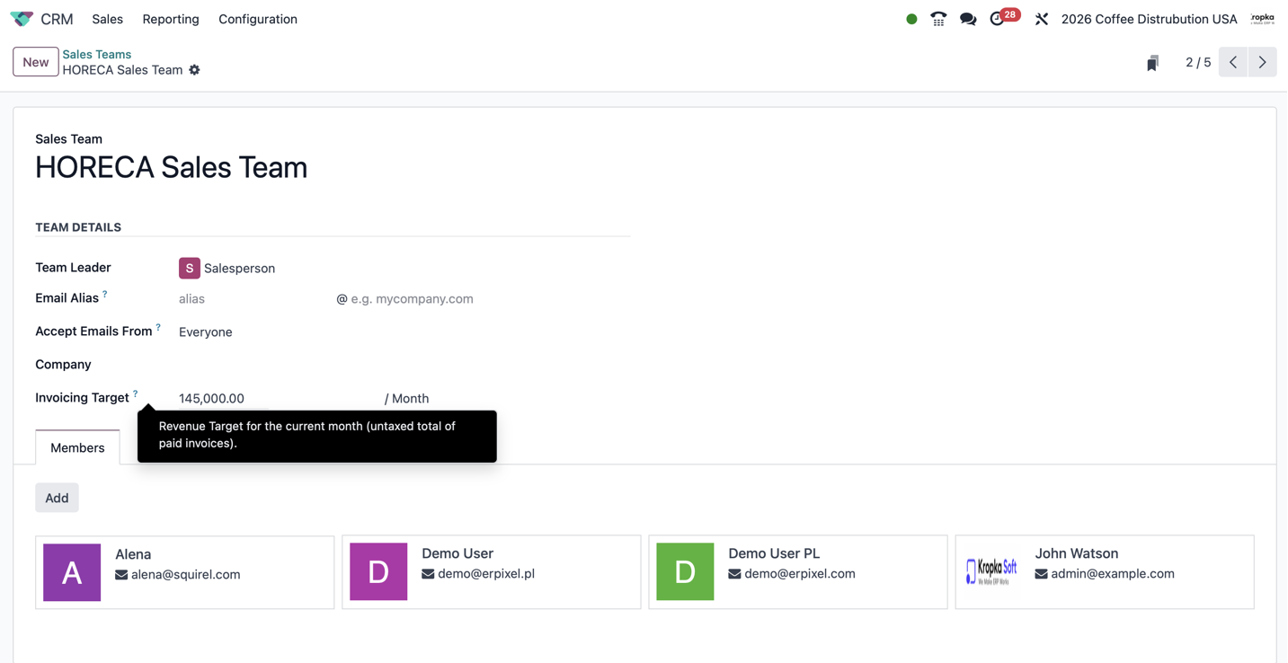 Odoo sales team configuration with team leader, email alias, invoicing target and members