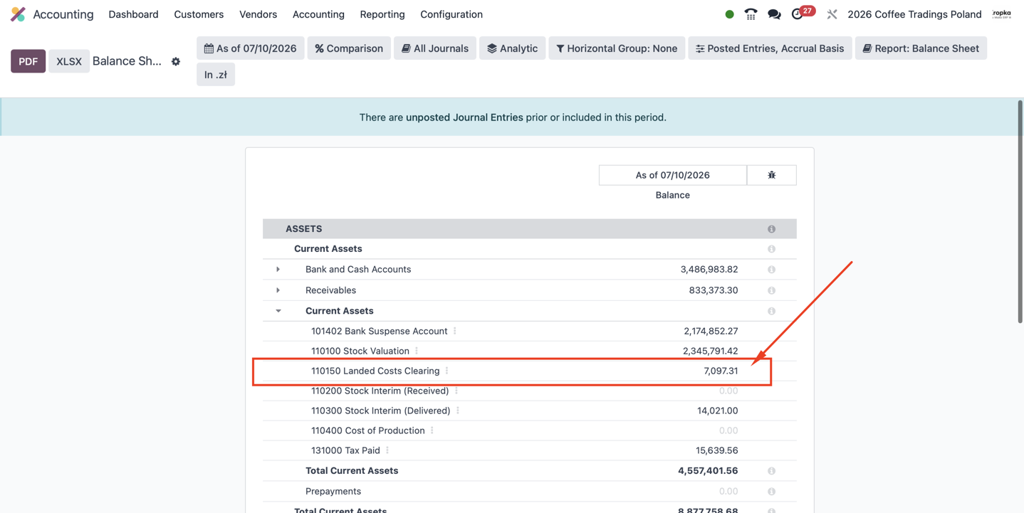 Odoo balance sheet highlighting the Landed Costs Clearing account with a remaining balance of 7,097.31 PLN