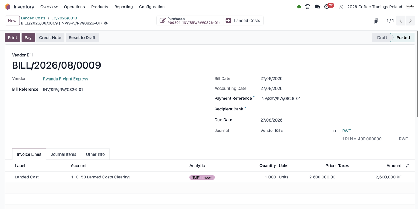 Posted Odoo vendor bill in Rwandan francs with a Landed Cost service line assigned to the Landed Costs Clearing account and a Landed Costs button